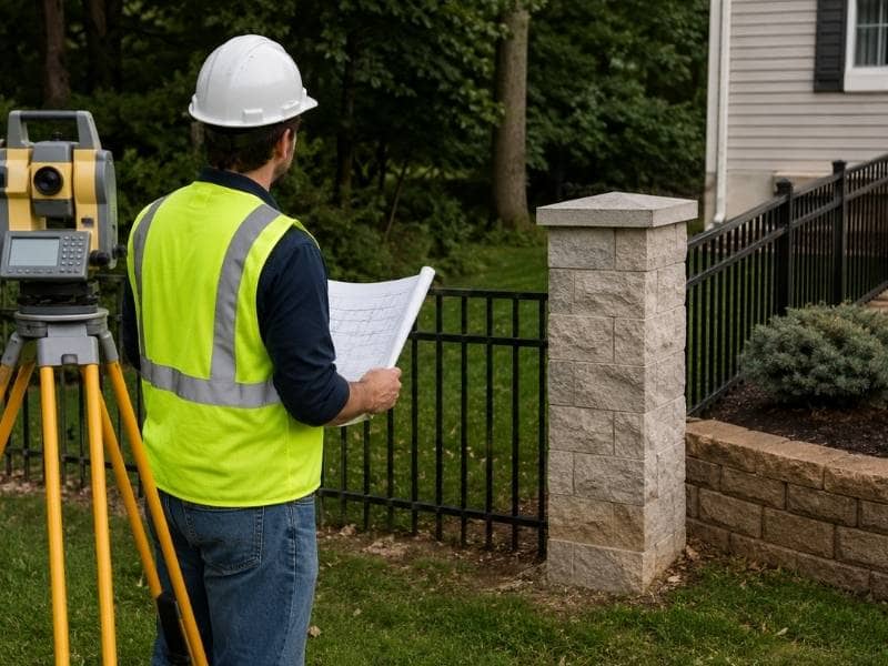 Surveyor reviewing property boundary measurements and site plans during a residential land survey inspection